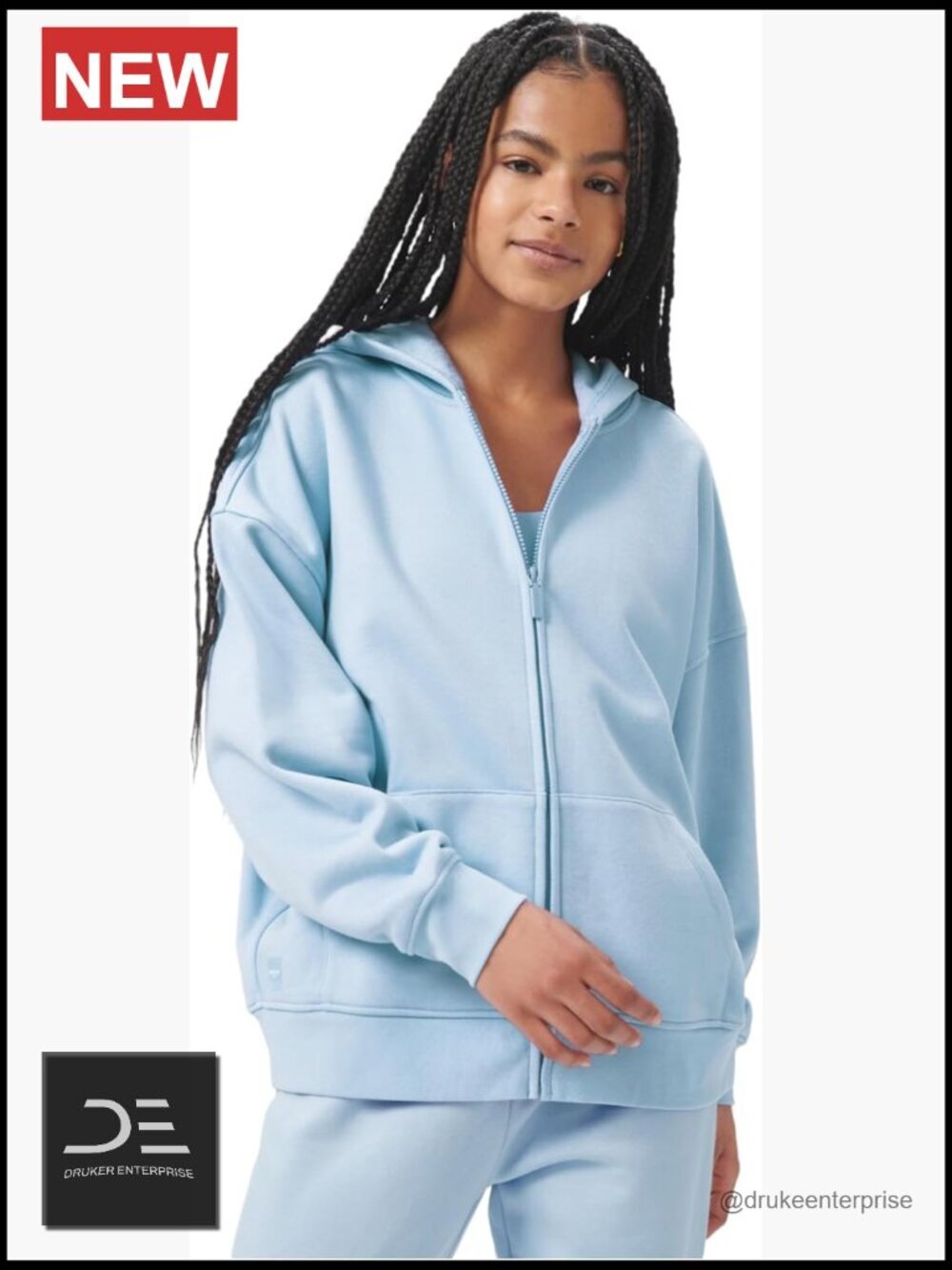 Oversized Zip Hoodie with Kangaroo Pocket, Cotton Rayon Blend, Relaxed Fit